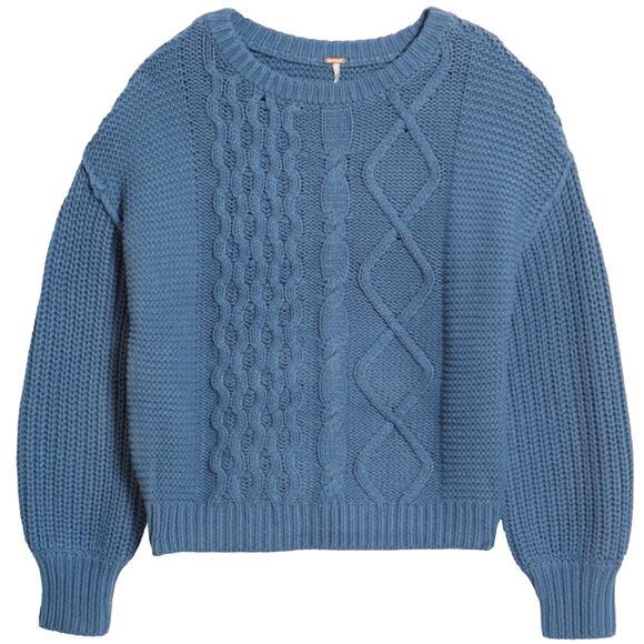 Free People Dream Cable Blue CHUNKY Crew Neck Sweater NWOT Size XS FLAW - Picture 4 of 14